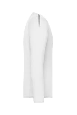 A white long-sleeved men's sports shirt featuring a logo on the back. The shirt has a sleek, minimal design.
