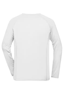 A long-sleeve men's sports shirt in white, featuring a simple design and a logo on the back.