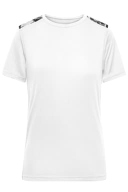A white ladies sports shirt with decorative detailing on the shoulders and a subtle branding logo.