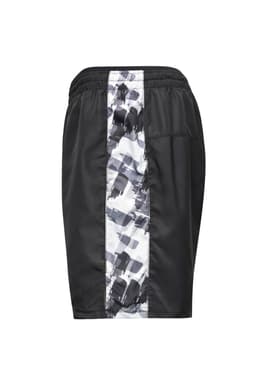 Men's sports shorts in black with a patterned white and grey side panel. Includes a logo on the fabric.