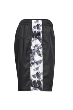 Men's sports shorts in black with a patterned grey and white side panel. Features an elastic waistband and pockets.