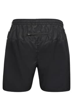 Black men's sports shorts featuring a zippered pocket and an elastic waistband. Logo present on the design.