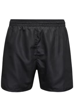 Black men's sports shorts with an elastic waistband and a smooth finish, featuring a branding logo.