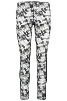 Ladies sports tights in a grey and black abstract pattern, featuring a logo on one side.