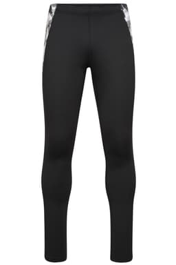A pair of men's sports tights in black with a patterned detail on the sides. The product features a logo.