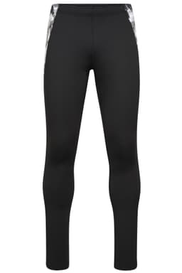 Men’s sports tights in black with patterned side panels; features a logo on the waistband.