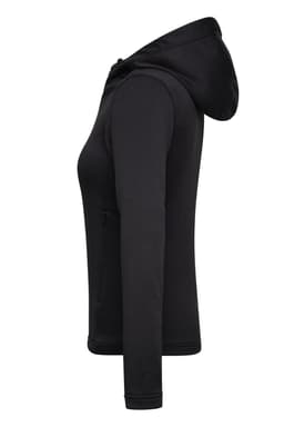 A black ladies sports zip hoodie, featuring a hood and long sleeves, with a discreet logo.