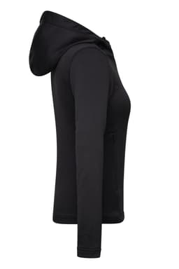 A black ladies' sports zip hoodie displayed from the side, featuring a hood and a fitted design.