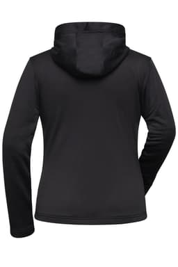A black ladies' sports zip hoodie with a hood, featuring long sleeves and a fitted design.