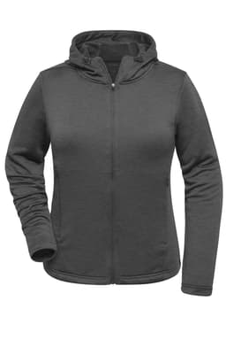 A grey ladies sports zip hoodie featuring a full zip front and a hood. It has a branded logo.