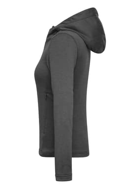 A grey women's sports zip hoodie with a fitted style and a hood, featuring a side zip pocket.