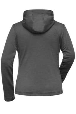 A grey ladies sports zip hoodie featuring a hood and long sleeves, showing the back view. Includes a logo.