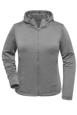 A grey ladies sports zip hoodie featuring a hood and a front zipper. Includes a logo on the garment.