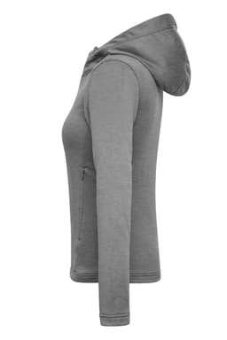 A grey ladies sports zip hoodie with a zip closure and a hood, featuring a fitted design and long sleeves.