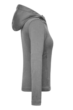 A grey ladies sports zip hoodie displayed from the side, featuring a fitted design and a hood. It has a logo on the garment.