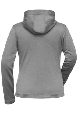 A grey ladies sports zip hoodie with a hood and long sleeves, featuring a logo on the back.