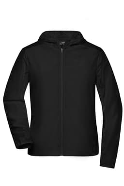 A black ladies sports jacket featuring a zip front and hood, with a logo on the chest.