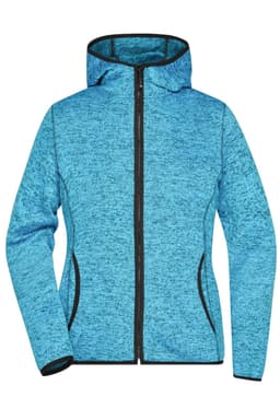 A blue knitted fleece hoodie with a zip front and black trim, featuring a hood and side pockets.