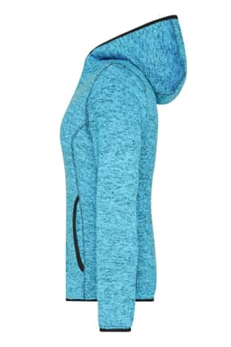 A side view of a ladies' knitted fleece hoodie in a bright blue colour, featuring a hood and black trim.