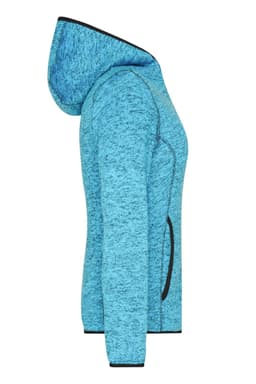 A blue knitted fleece hoodie featuring a hood, side pockets, and contrasting black trim. It has a logo on it.