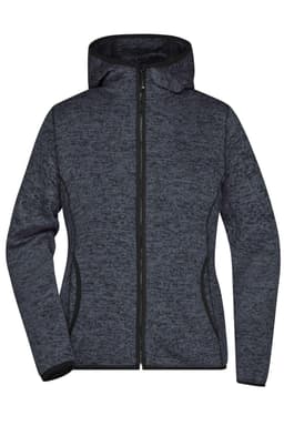 A ladies knitted fleece hoodie in dark grey, featuring a zip front and a hood, with a logo present.