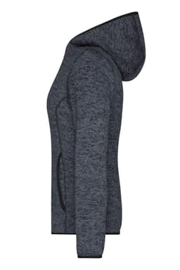 A grey knitted fleece hoodie with a hood and pockets, featuring a side view and a logo detail.