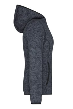 A grey ladies knitted fleece hoodie with a hood and pockets, featuring a simple design and a logo.
