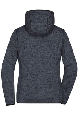 A ladies knitted fleece hoodie in dark grey, featuring a hood and a textured finish. It has a branding logo.