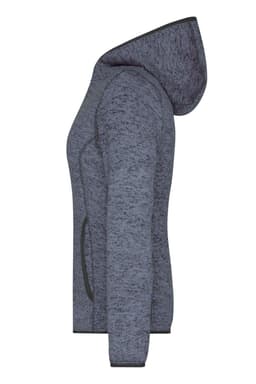 A grey ladies knitted fleece hoodie with a hood and pockets, featuring a subtle textured pattern.