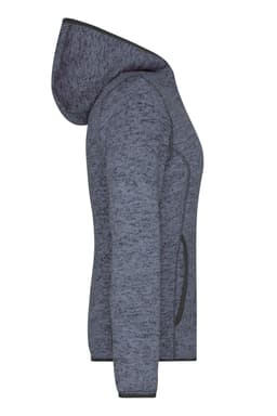 A side view of a ladies knitted fleece hoodie in a grey marled design, featuring a hood and pockets.