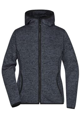 A ladies' knitted fleece hoodie in a dark grey colour with a zip closure and a hood. Features side pockets and branding.