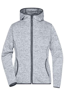 A grey knitted fleece hoodie with a zip closure and a hood, featuring contrasting details.