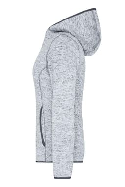 A grey knitted fleece hoodie with a hood and side pockets, featuring a logo.
