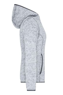 A grey knitted fleece hoodie with a hood and side pockets, featuring a logo on the sleeve.