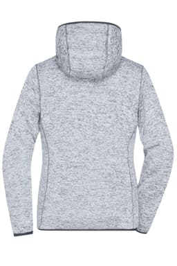 A grey ladies' knitted fleece hoodie with a hood, showcasing a textured design and fitted silhouette.