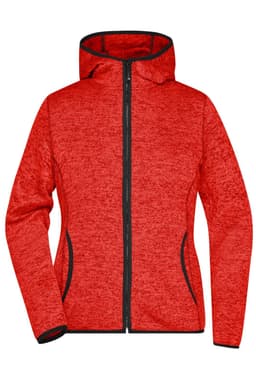 A red knitted fleece hoodie with a zip front, hood, and black trim accents. It features side pockets.