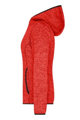 A ladies knitted fleece hoodie in red with a hood and black accents, featuring side pockets.