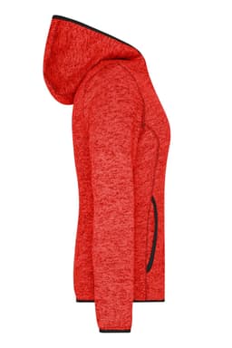 A red knitted fleece hoodie featuring a hood and side pockets, with contrasting black edging.