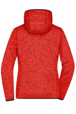 A red knitted fleece hoodie with a hood, featuring a textured design and a logo.