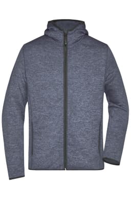 A men's knitted fleece hoodie in dark grey with a zip front and hood, featuring a logo on the sleeve.