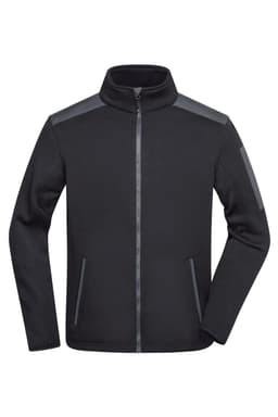 A black men's knitted fleece jacket with a zip front and grey shoulder accents. Features side pockets and logo branding.