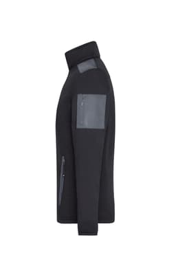 A men's knitted fleece jacket in black with grey panel accents and zippered pockets. It features a high collar and has a logo.
