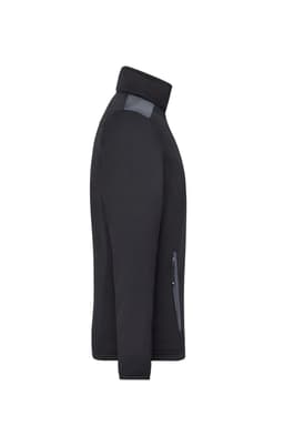 A men's knitted fleece jacket in black, featuring a high collar and side zip pockets. It has a logo on the shoulder.