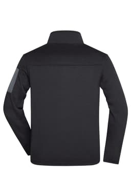A black men's knitted fleece jacket featuring a high collar and a shoulder patch. The back view highlights a sleek design.