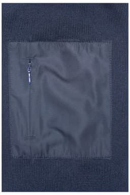 A navy mens knitted fleece jacket featuring a zippered pocket on the front. Includes a logo on the fabric.