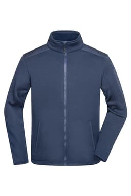 A men's knitted fleece jacket in navy blue with a zip front and two side pockets, featuring a logo on the sleeve.