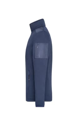 A navy men's knitted fleece jacket with a zip pocket on the sleeve and a logo on the chest.