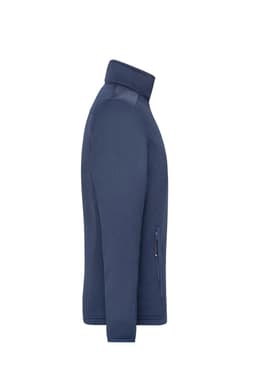 A men's knitted fleece jacket in navy, featuring a zip pocket and high collar, with branding visible.