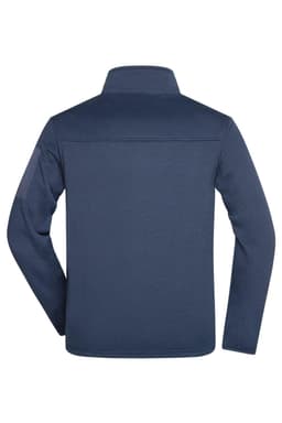 A navy blue men's knitted fleece jacket with a collar and a back yoke design. Features a logo on the back.