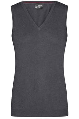 A grey ladies v-neck vest, featuring a fitted design and no sleeves. The item has a logo on the label.